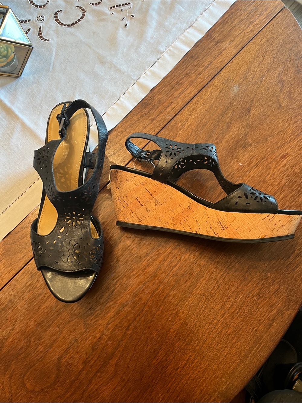 Franco Sarto Black Laser-Cut Peep-Toe Slingback Heels - Picture 3 of 6